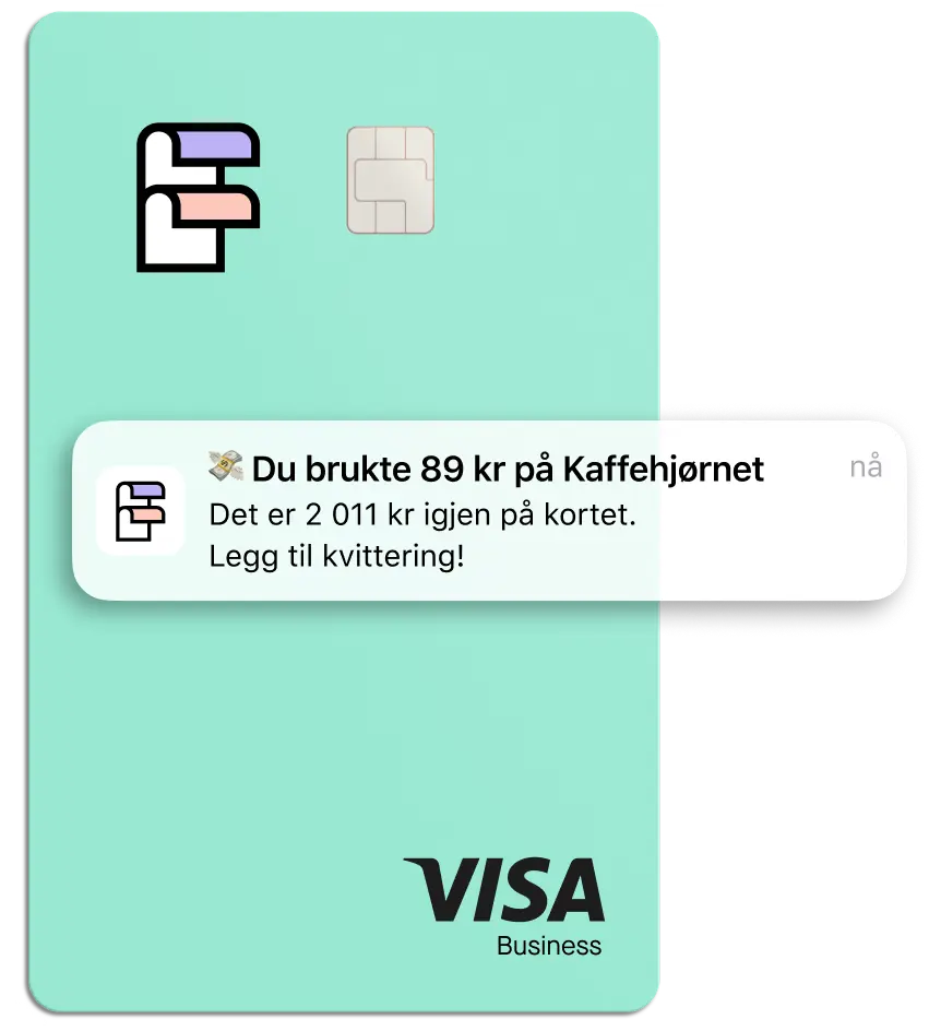 Folio-kortet og en varsling som sier «Du brukte 89 kr på Kaffehjørnet»