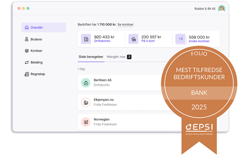 Skjermbilde av Folio nettbank med EPSI-medalje for mest tilfredse bedriftskunder innen bank i 2025